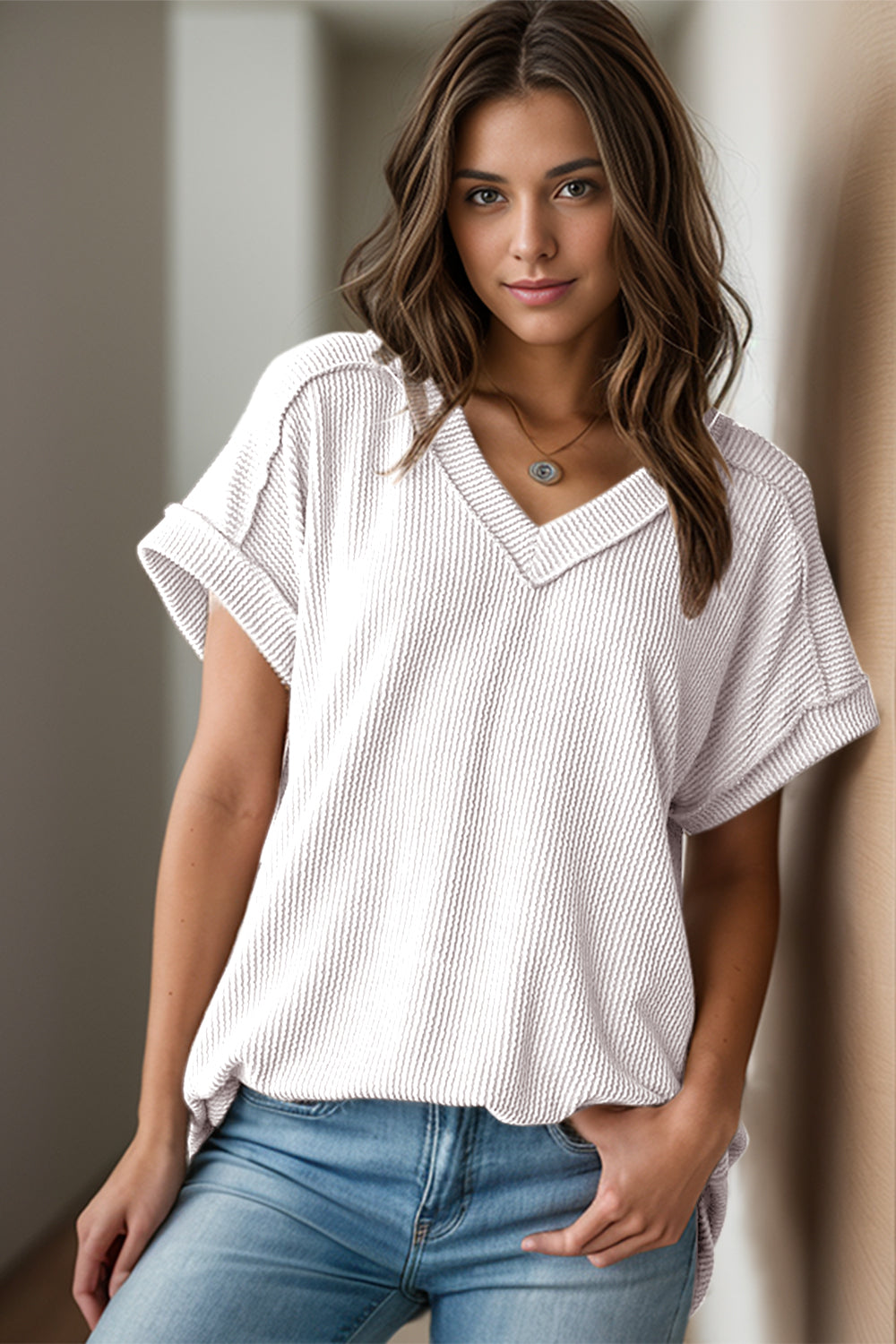 Textured V-Neck Short Sleeve Top - Scarlett's Riverside Boutique 