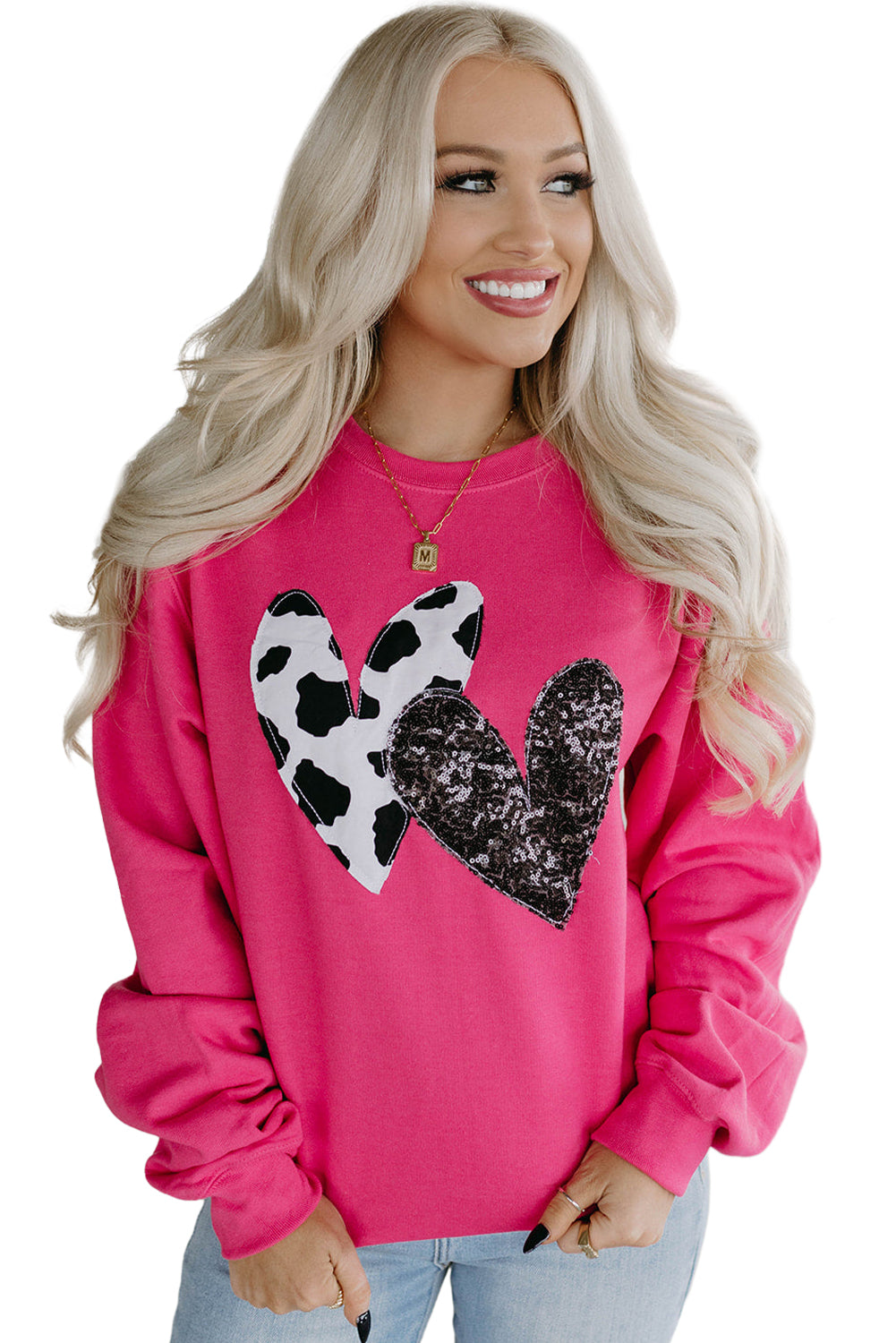 Strawberry Pink Cow & Sequin Double Heart Patch Graphic Sweatshirt - Scarlett's Riverside Boutique 