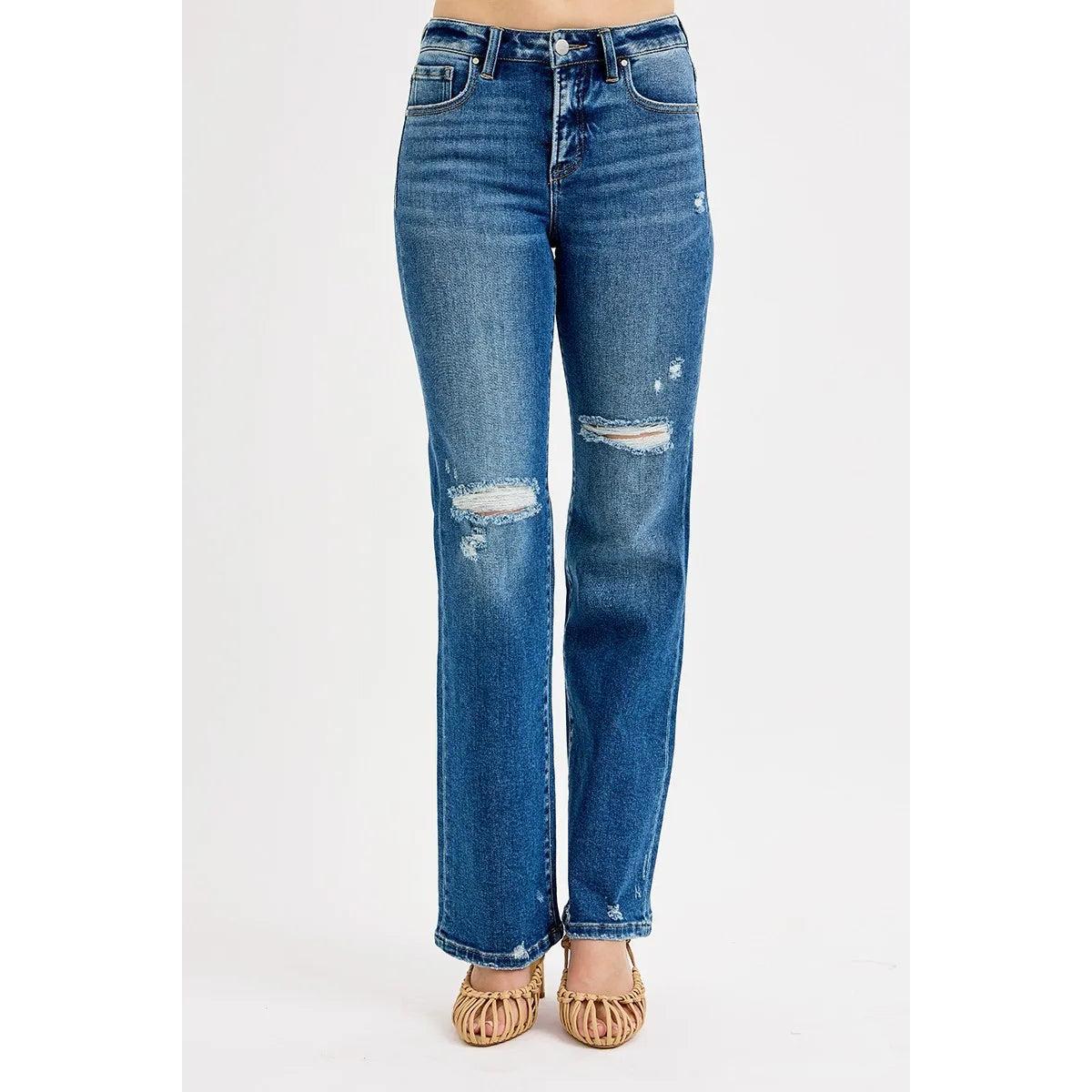 RISEN Full Size Tummy Control High Rise Straight Distressed Jeans