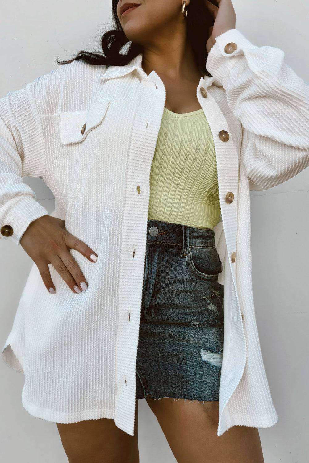 White Solid Corded Drop Shoulder Plus Size Shacket - Scarlett's Riverside Boutique 