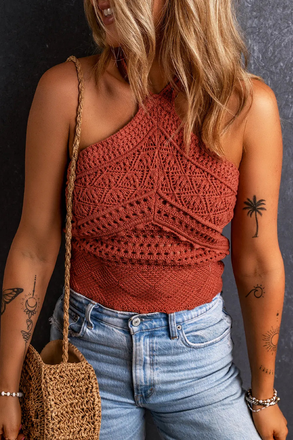 Red Clay Knit Crochet Halter Neck Backless Tank Top - Scarlett's Riverside Boutique 