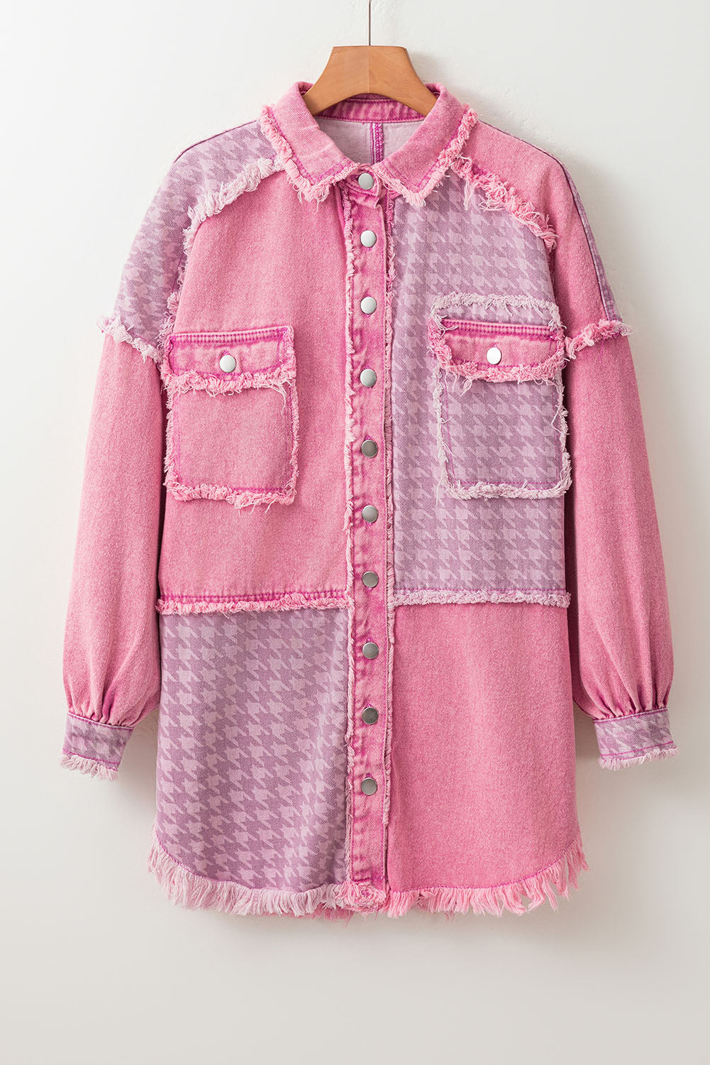 Pink Retro Distressed Houndstooth Patchwork Denim Jacket - Scarlett's Riverside Boutique 