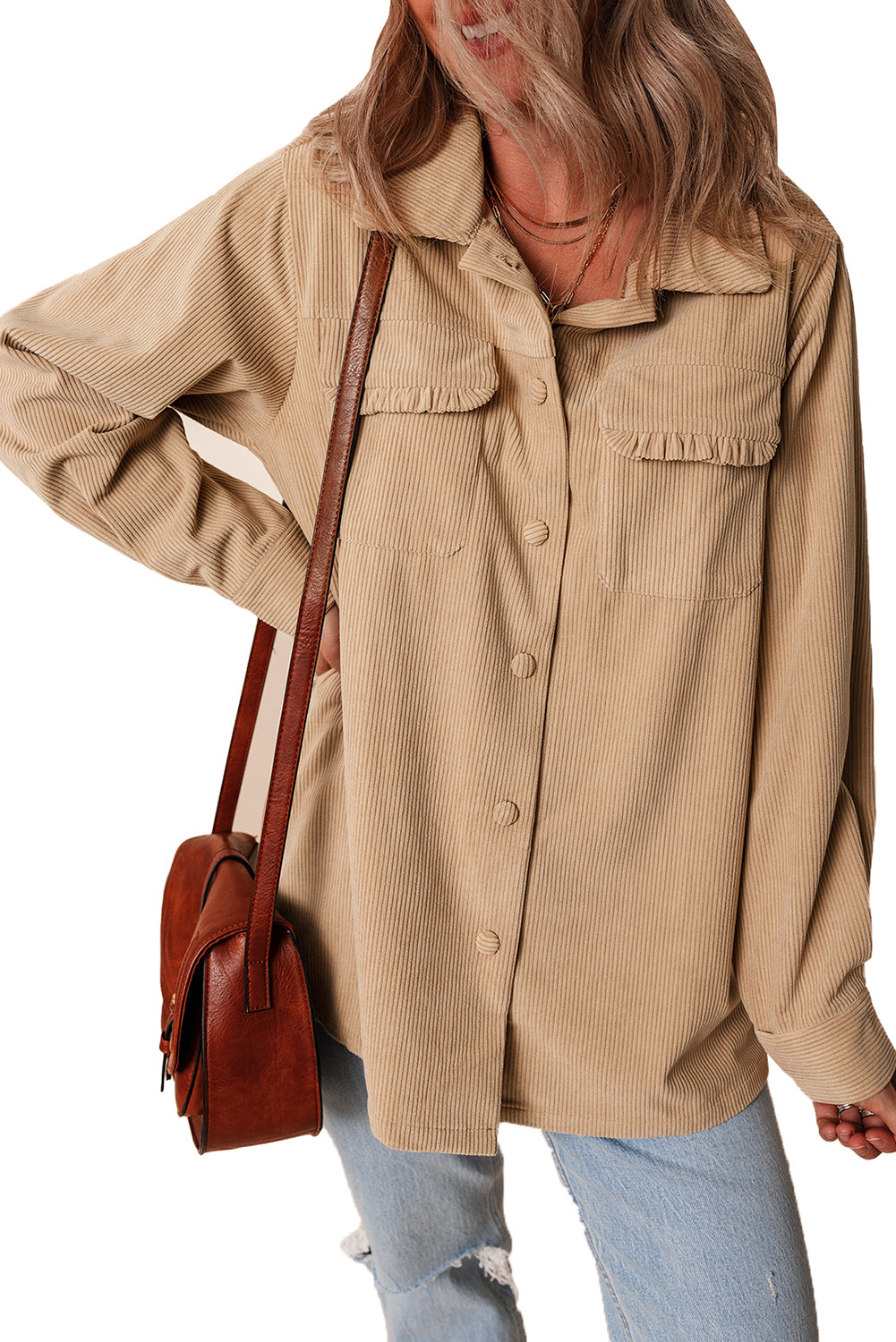 Light French Beige Solid Frilled Flap Pocket Button Up Corduroy Shacket - Scarlett's Riverside Boutique 