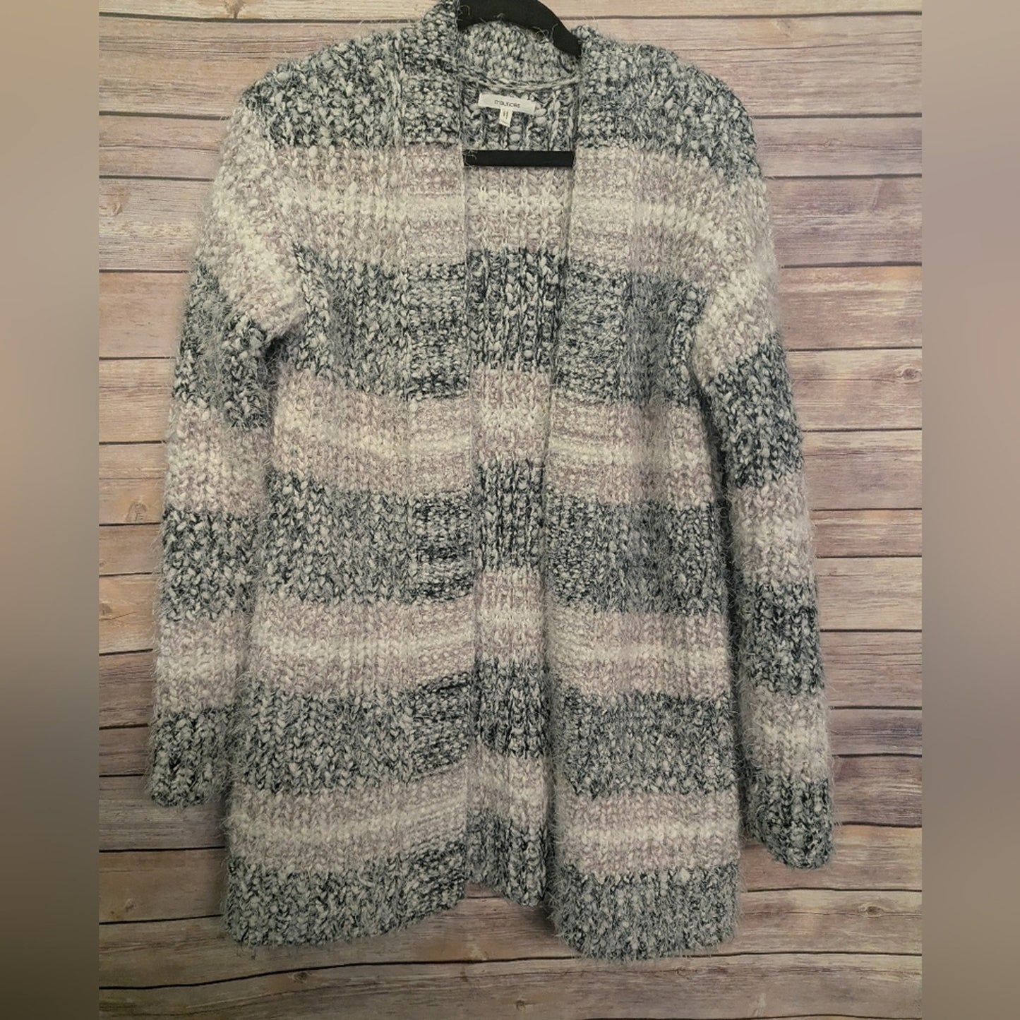 Maurices Size M, Chunky Knit Open Front Cardigan – Gray & Cream Striped Cozy.C34