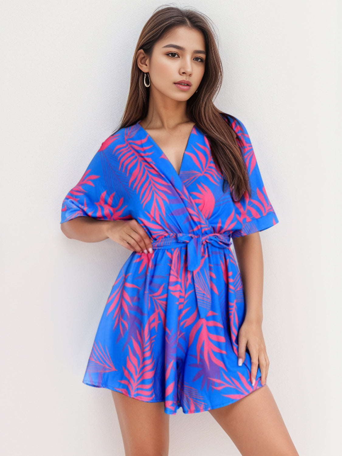 Printed Surplice Half Sleeve Romper - Scarlett's Riverside Boutique 