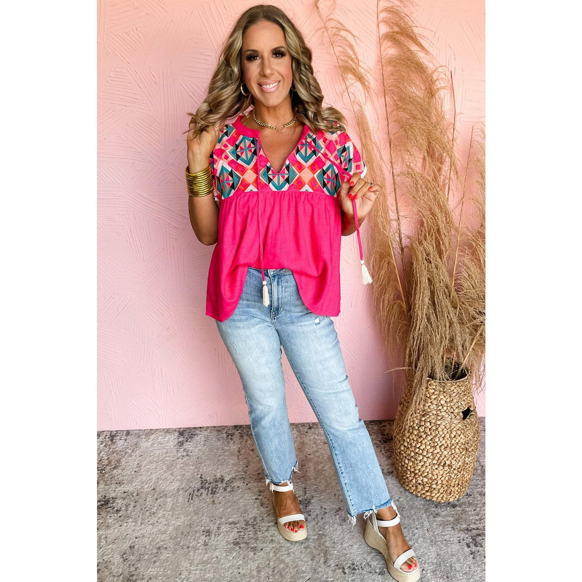 Strawberry Pink Geometric Embroidered Tassel Tie V Neck Blouse Shirts Top Womenswear Casual