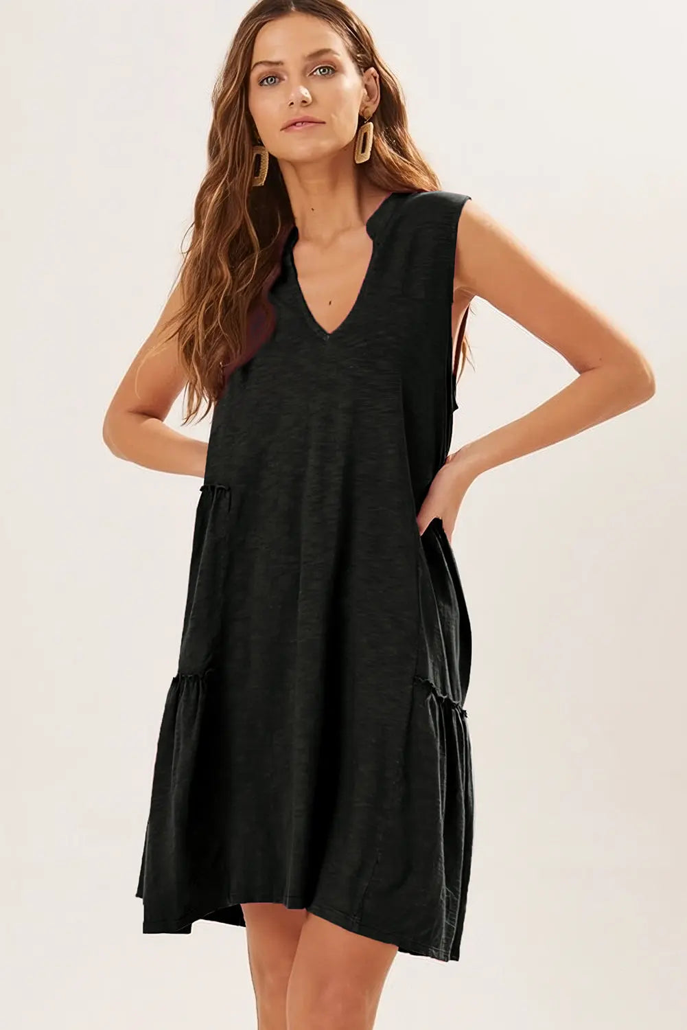 Black Split V Neck Tiered Flowy Sleeveless Dress - Scarlett's Riverside Boutique 