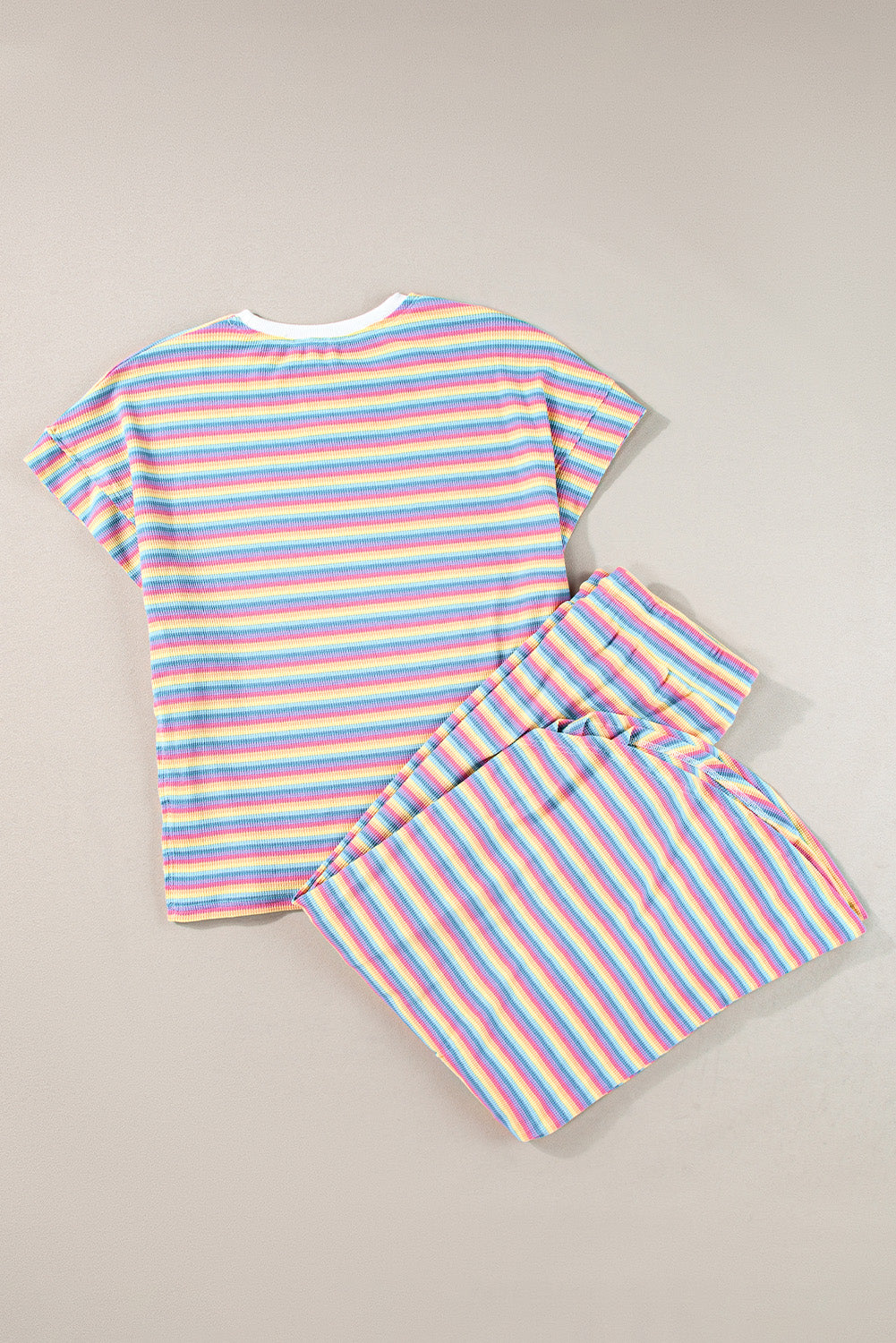 Pink Stripe Rainbow Tee Tasseled String Wide Leg Pants Set - Scarlett's Riverside Boutique 