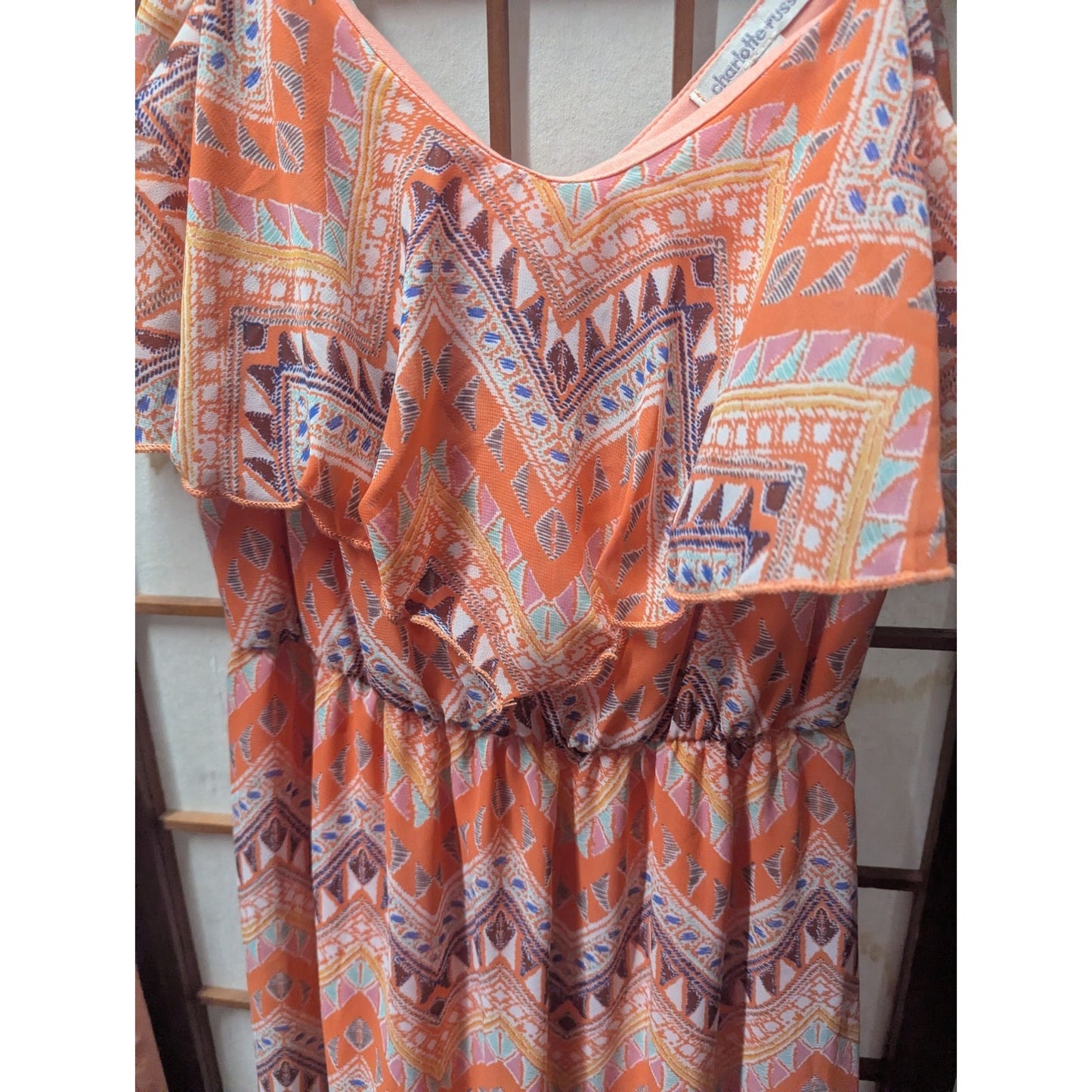 Y2K Charlotte Russe Small Orange Tribal Chevron Ruffle Maxi Dress Spaghetti...