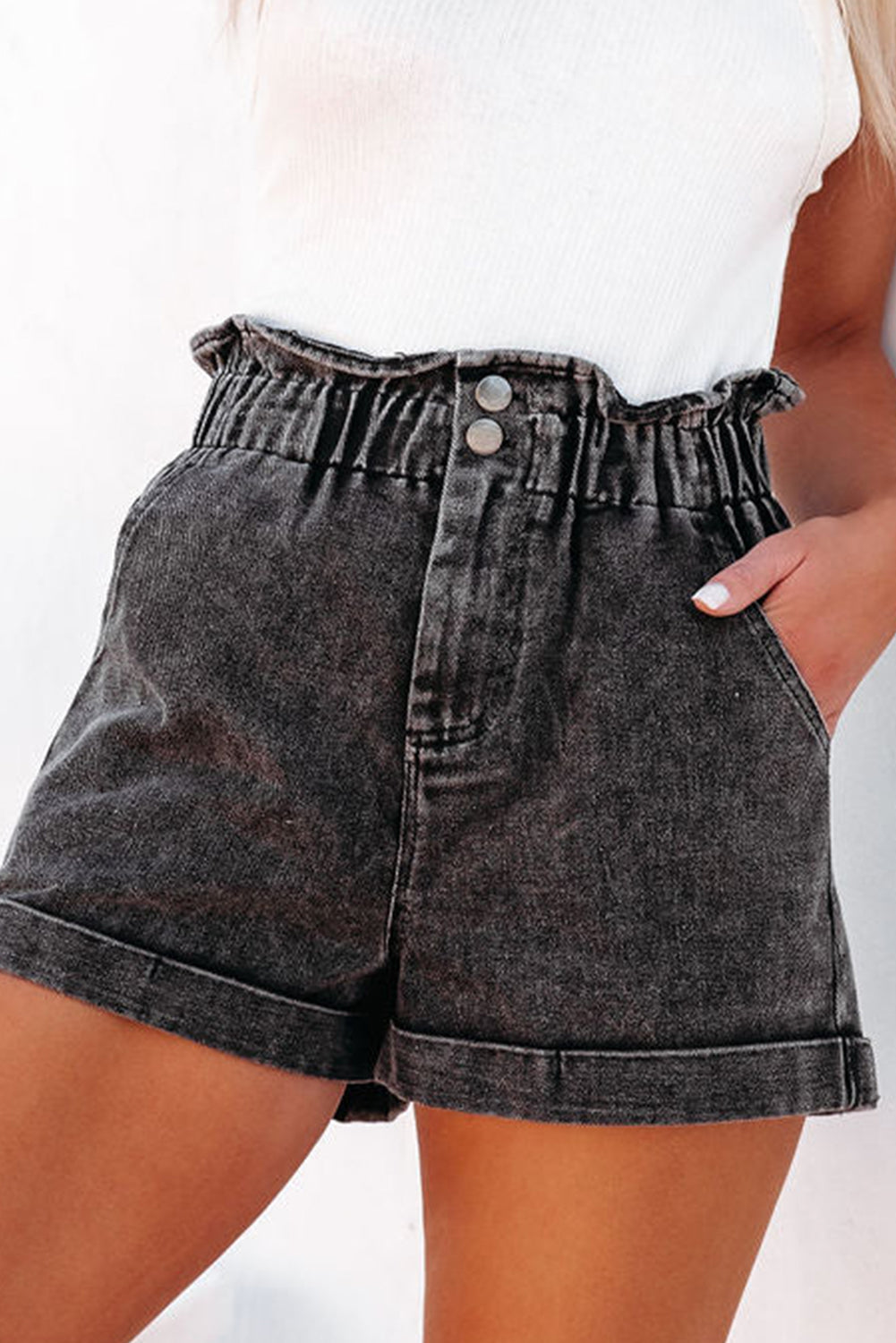 Black Vintage Washed Frilled High Waist Denim Shorts - Scarlett's Riverside Boutique 