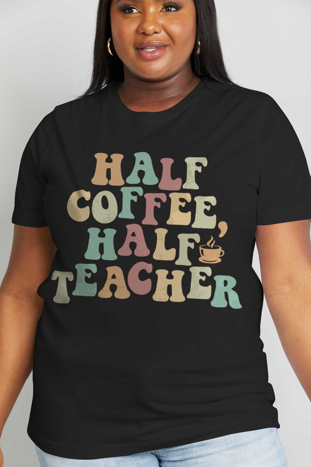 Simply Love Full Size HALF COFFEE HALF TEACHER Graphic Cotton Tee - Scarlett's Riverside Boutique 