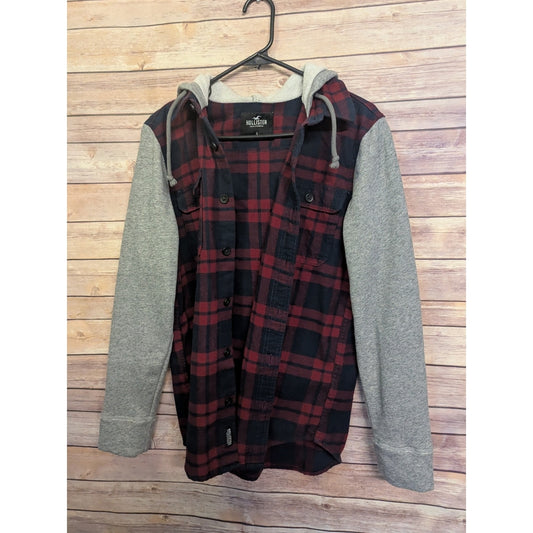 Hollister Hooded Plaid Button Front Shirt Jacket Red Black Gray Size Small