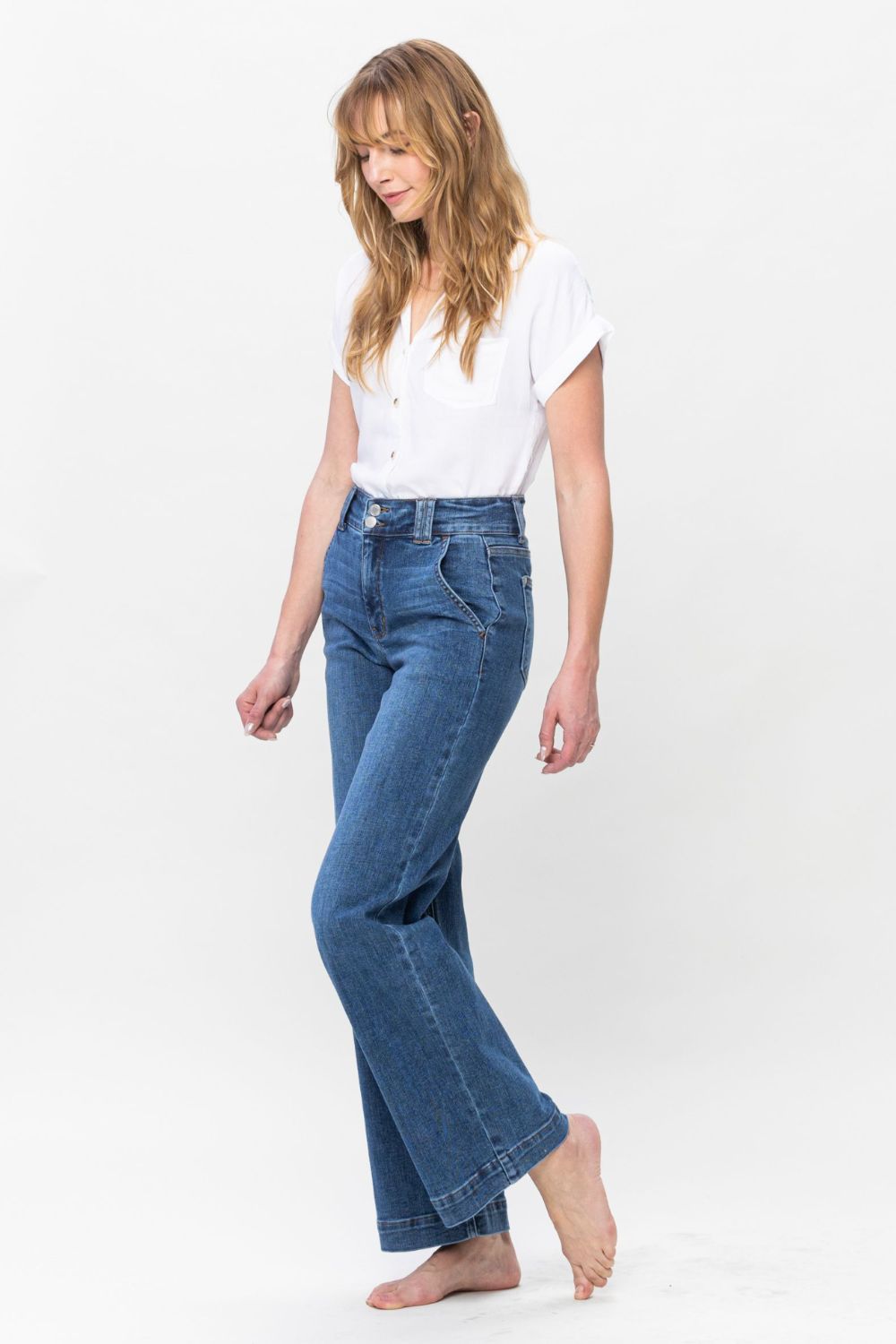 Judy Blue Full Size Double Button Wide Leg Jeans. Inseam 32" - Scarlett's Riverside Boutique 