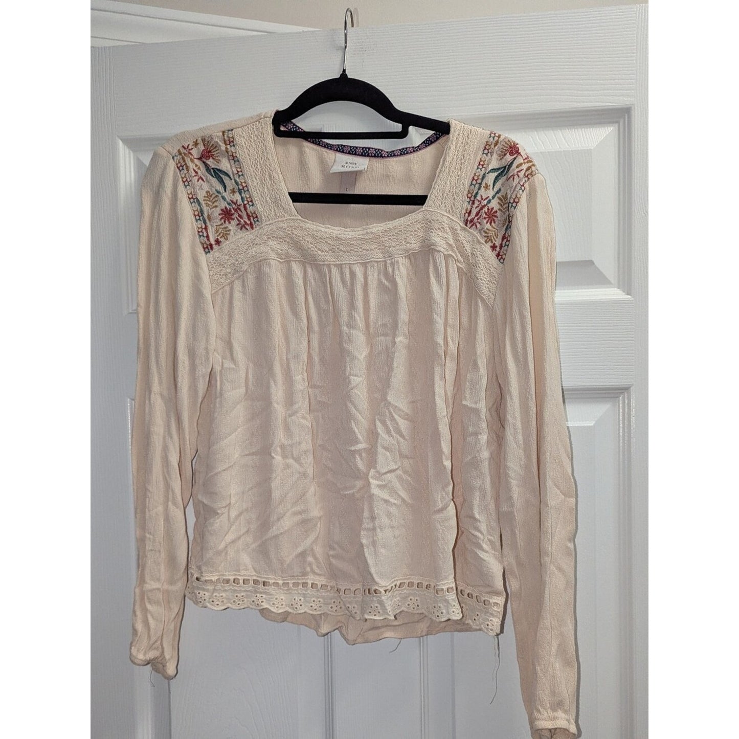 Knox Rose Womens L Cream Embroidered Boho Peasant Blouse Lace Trim Rayon