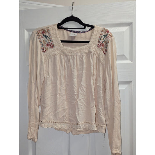 Knox Rose Womens L Cream Embroidered Boho Peasant Blouse Lace Trim Rayon