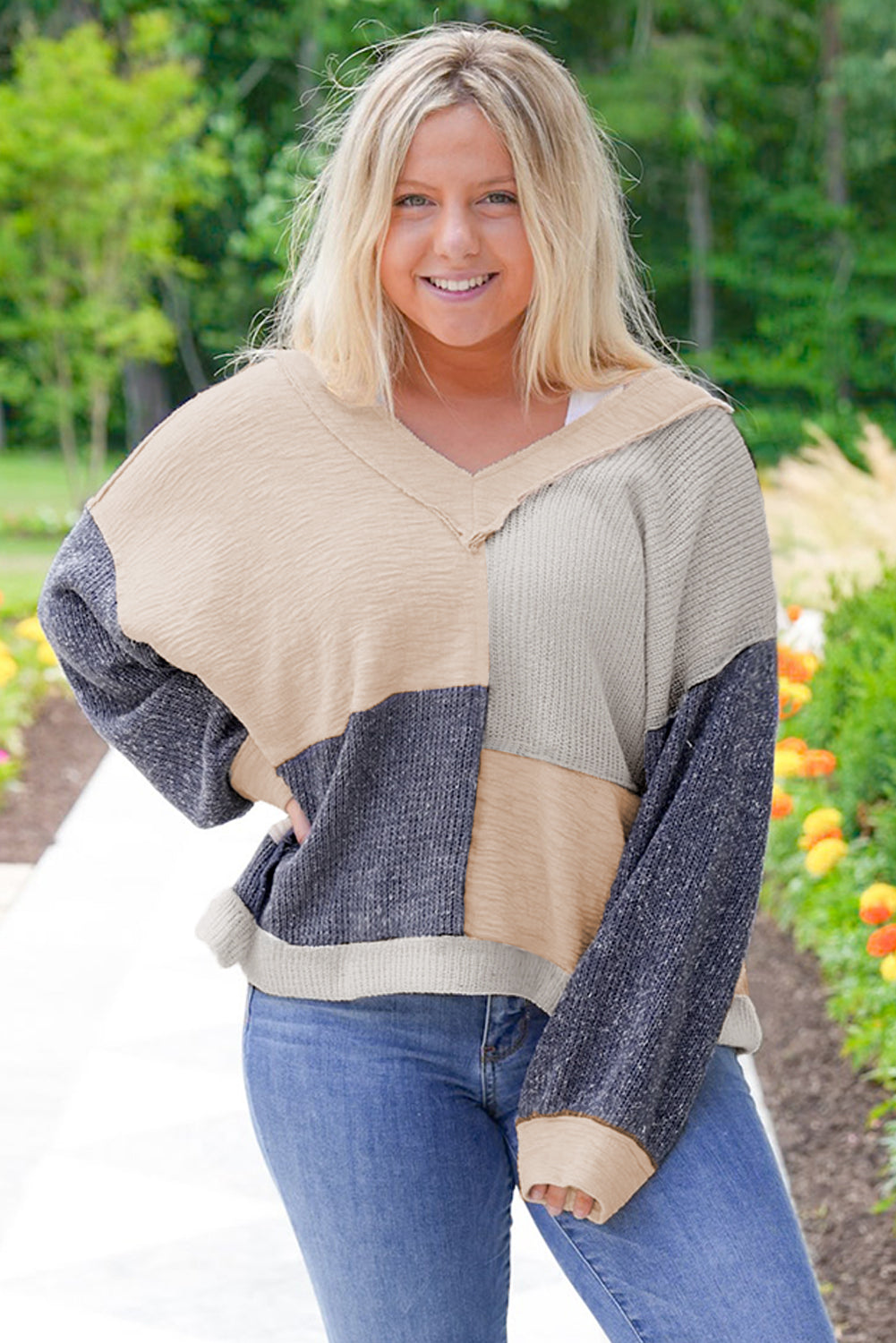 Ashleigh Blue Plus Size Textured Colorblock Patchwork V Neck Top - Scarlett's Riverside Boutique 