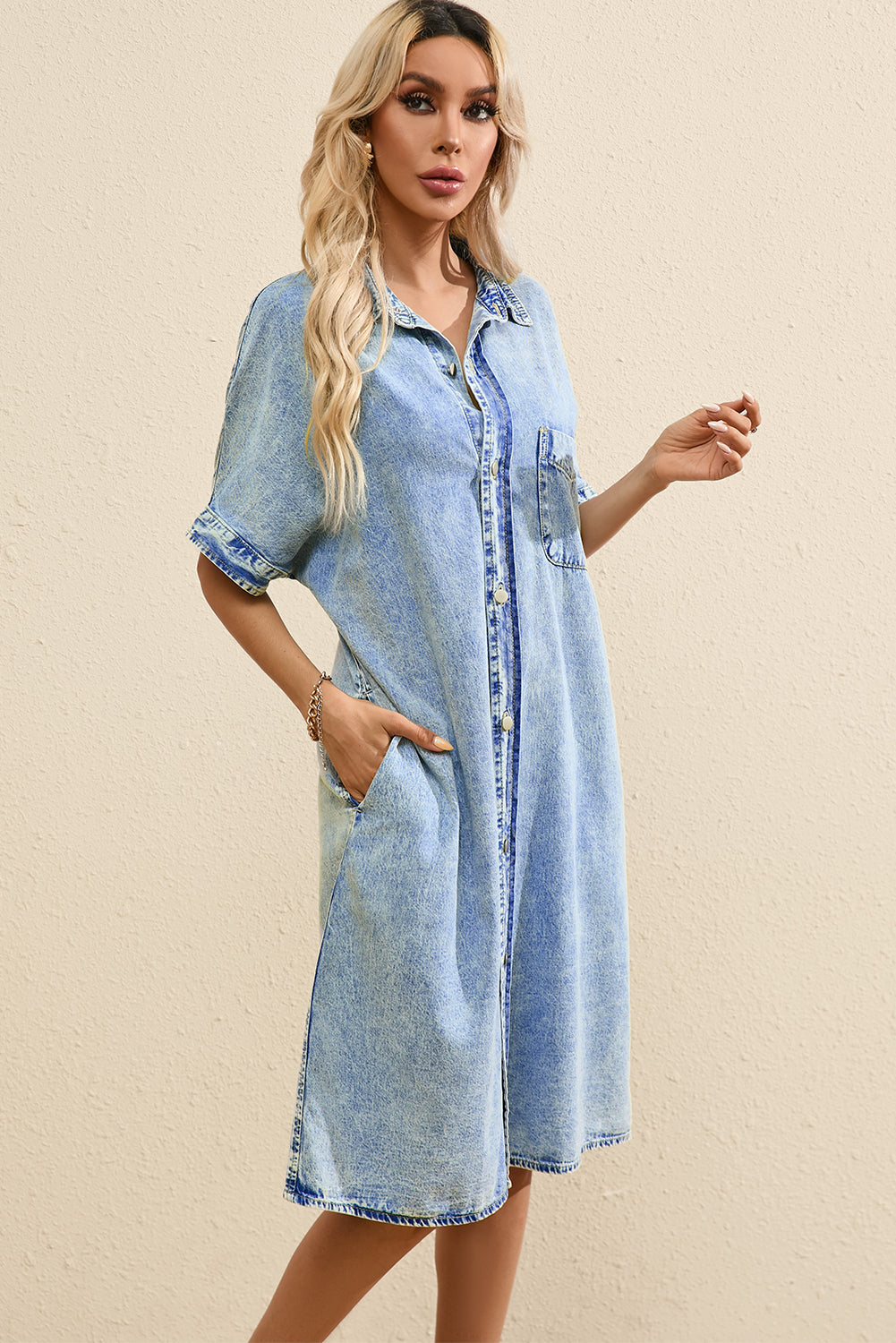 Light Blue Loose Medium Wash Short Sleeve Shirt Chambray Dress - Scarlett's Riverside Boutique 