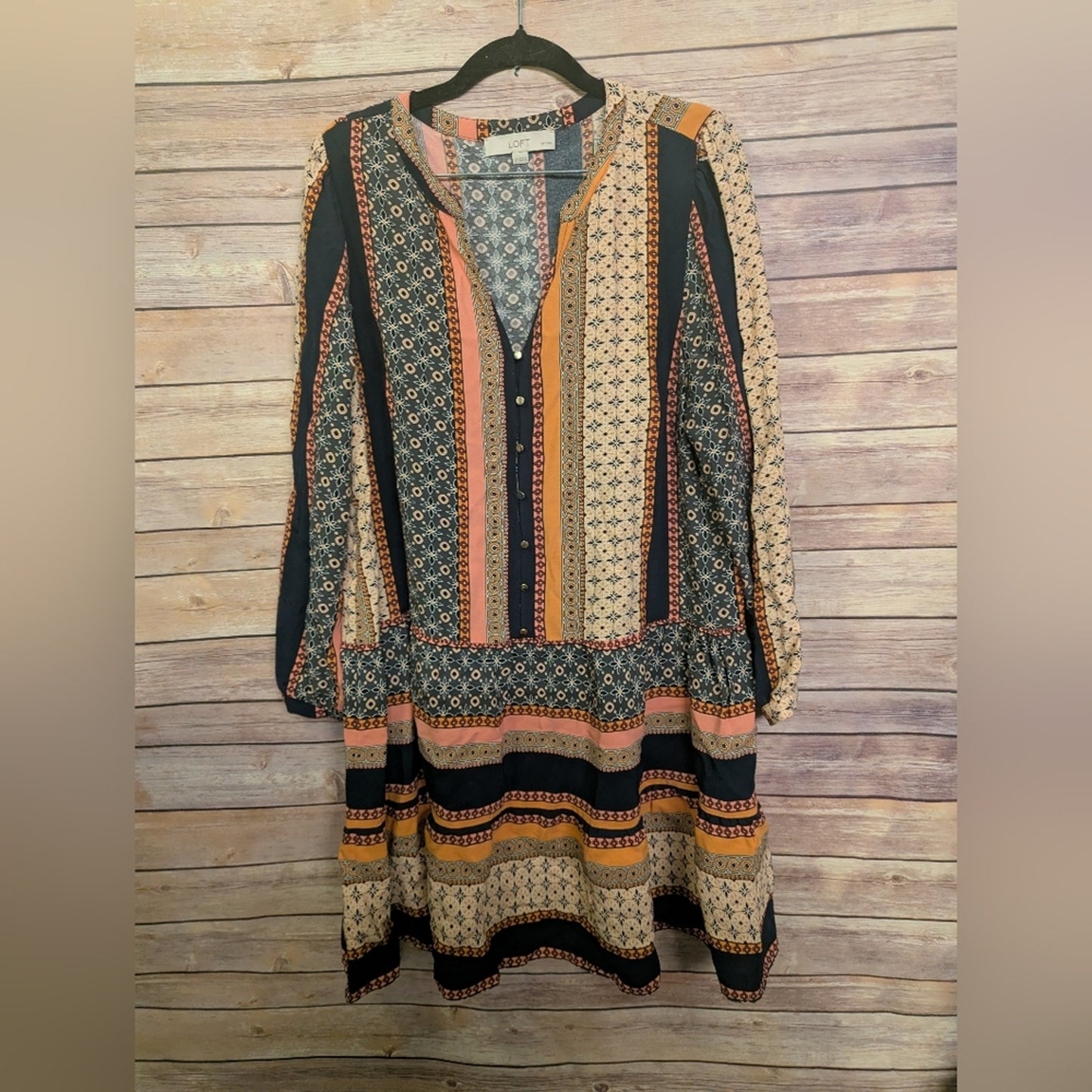 LOFT Petite Large Boho Mixed Print Dress Long Sleeve V-Neck Button Front #H3