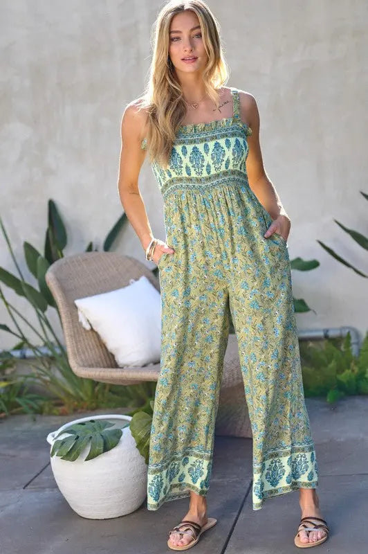 Floral Smocked Detail With Ruffle Jumpsuit - Scarlett's Riverside Boutique
