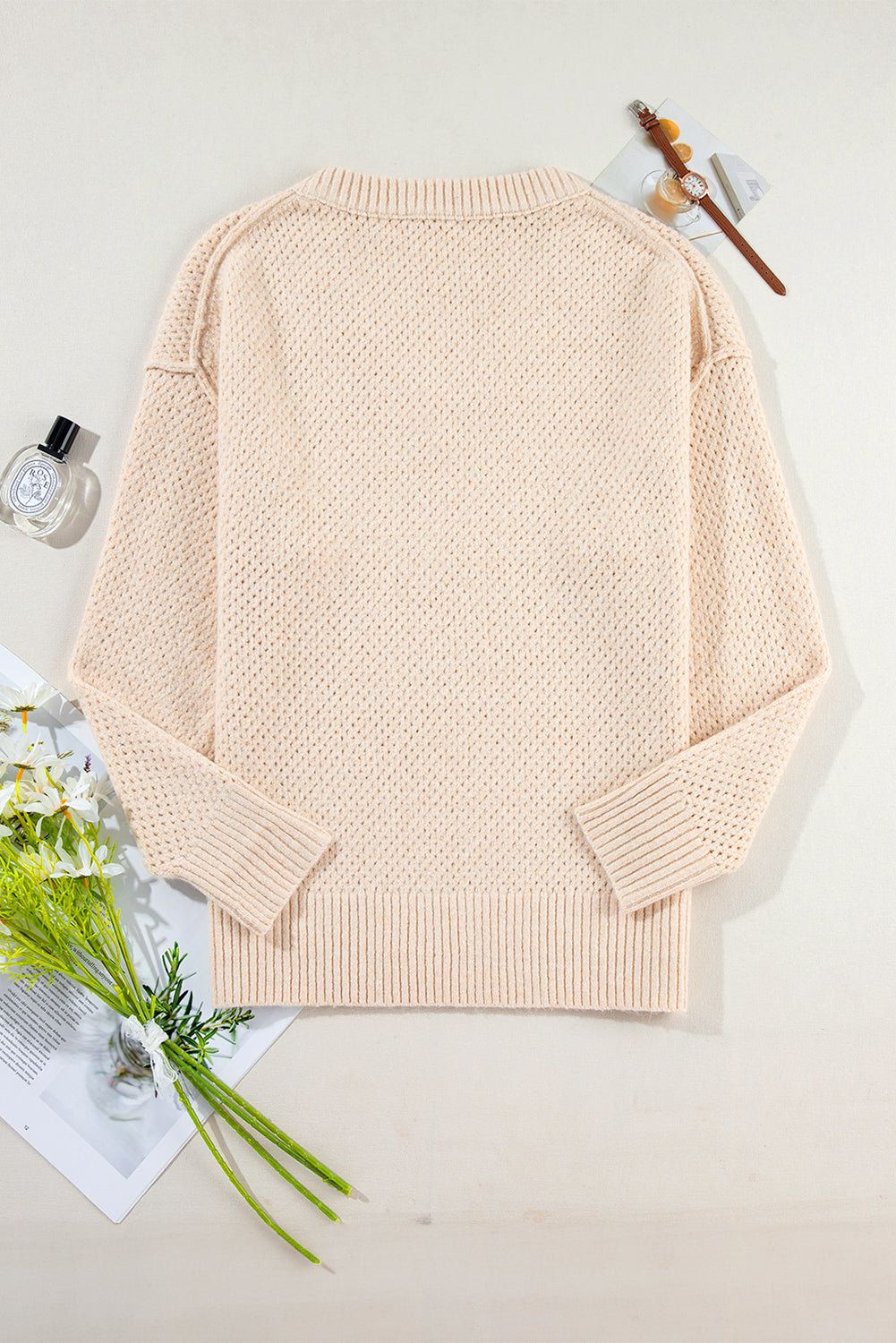 Parchment Loose Eyelet V Neck Drop Shoulder Sweater - Scarlett's Riverside Boutique 