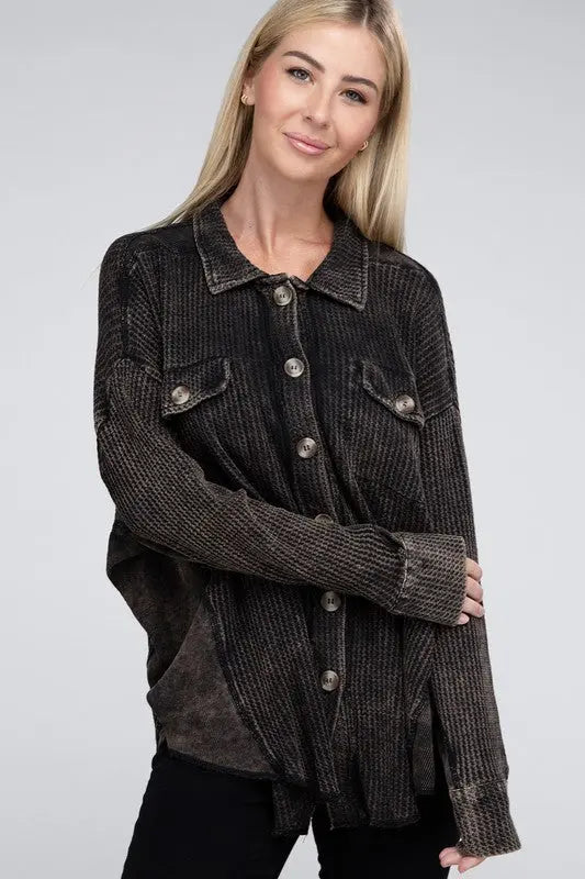 Acid Wash Oversized Cotton Waffle Shacket - Scarlett's Riverside Boutique 