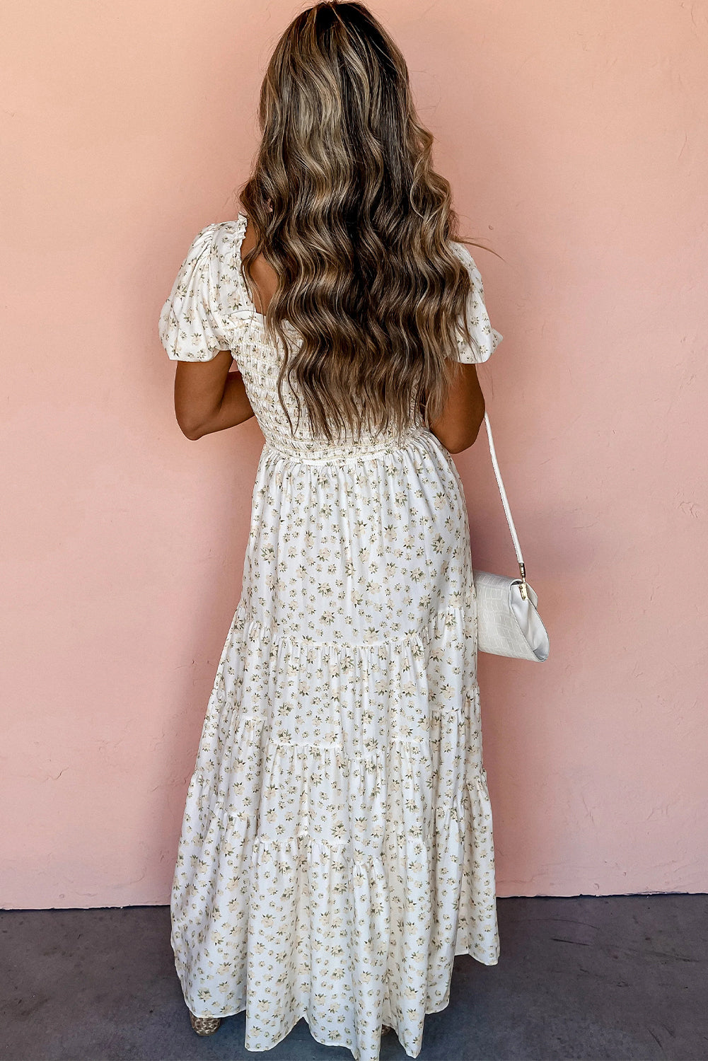 White Frilly Shirred Bodice Tiered Floral Maxi Dress - Scarlett's Riverside Boutique 