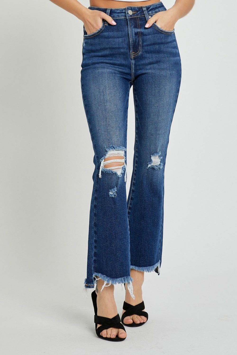 Cropped RISEN jeans. High Rise Distressed Crop Flare Jeans