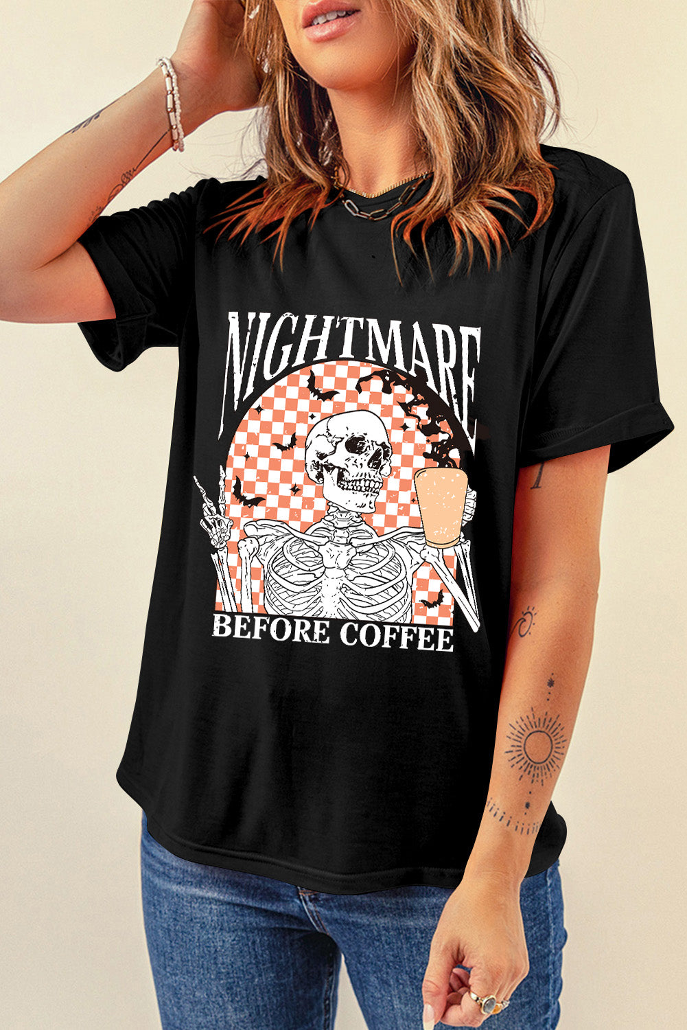 Black Nightmare Before Coffee Skull Checkerboard Graphic Halloween Tee - Scarlett's Riverside Boutique 