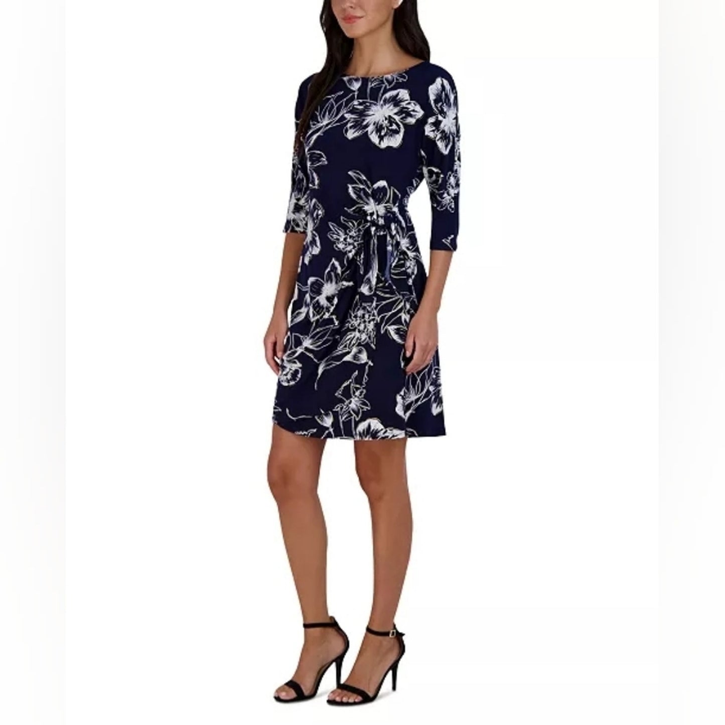 Signature by Robbie Bee Navy and White Floral Tie-Accent Shift Dress Sz PS. #G13