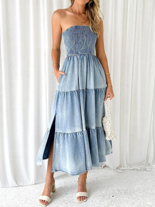 Slit Smocked Tube Tiered Denim Dress - Scarlett's Riverside Boutique 