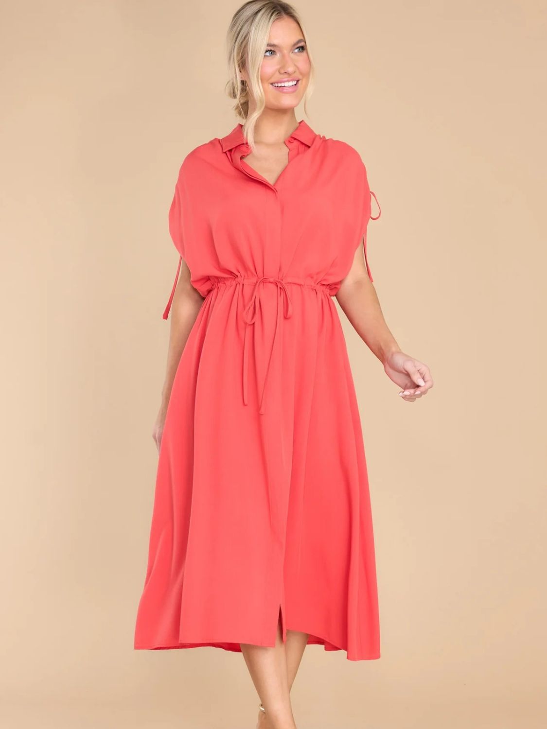 Drawstring Collared Neck Short Sleeve Midi Dress - Scarlett's Riverside Boutique 