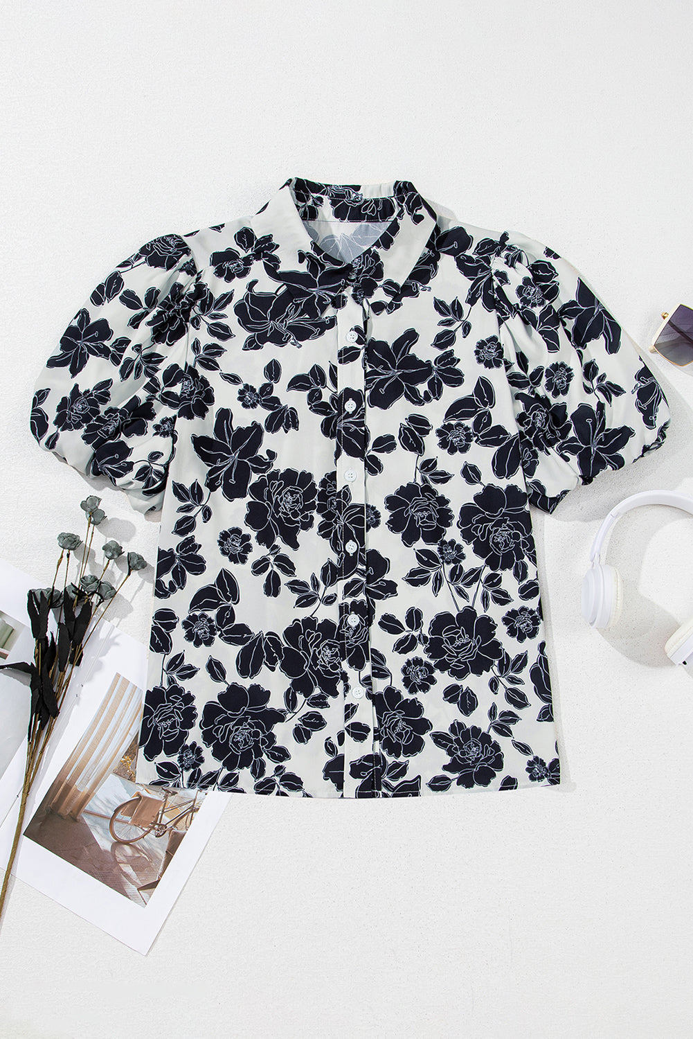 Black Floral Bubble Sleeve Casual Shirt