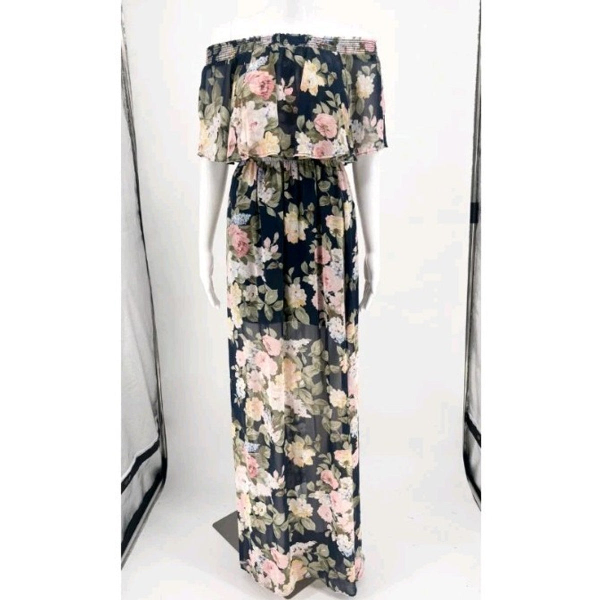 Show Me Your Mumu XS Navy Floral Off Shoulder Maxi Dress Sheer, Boho, Wedding