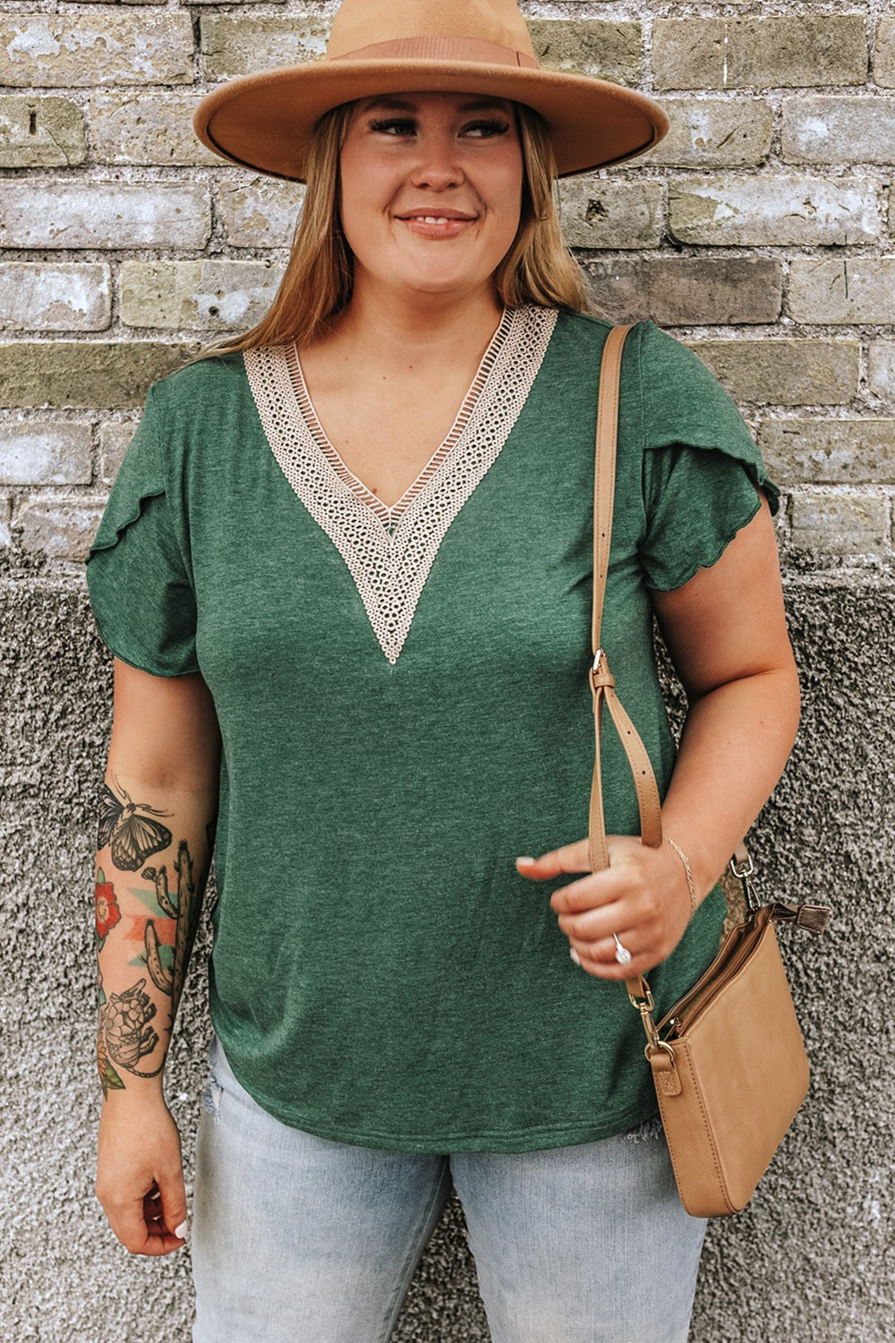 Plus Size V-Neck Petal Sleeve Blouse - Scarlett's Riverside Boutique 