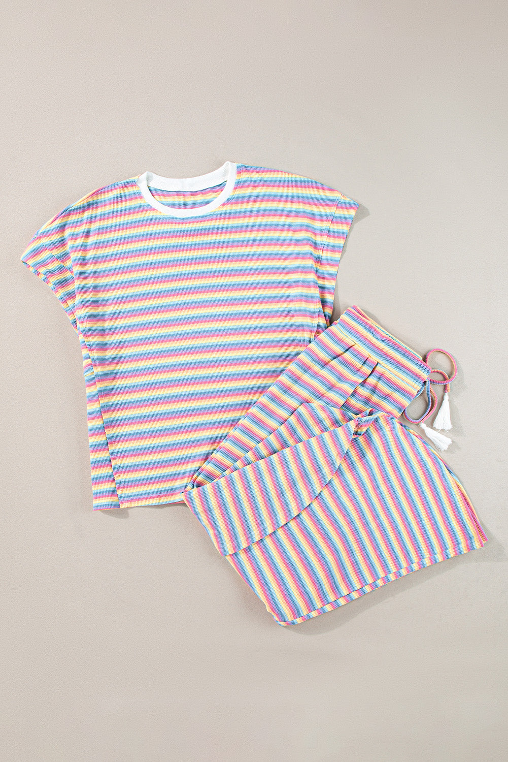 Pink Stripe Rainbow Tee Tasseled String Wide Leg Pants Set - Scarlett's Riverside Boutique 