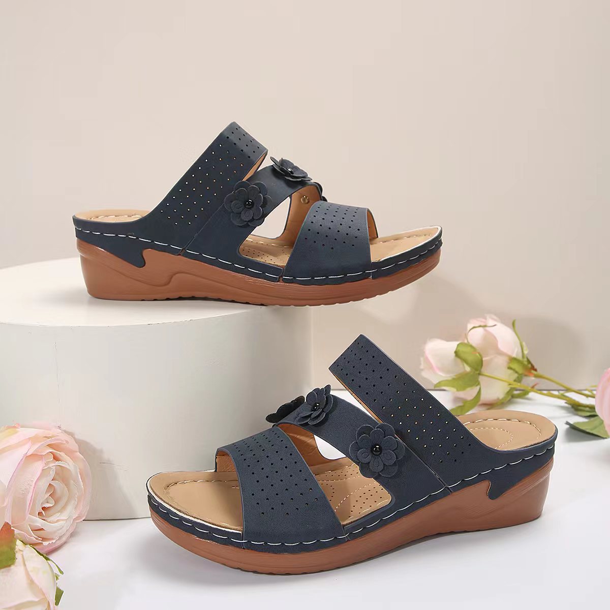 Flower PU Leather Wedge Sandals - Scarlett's Riverside Boutique 