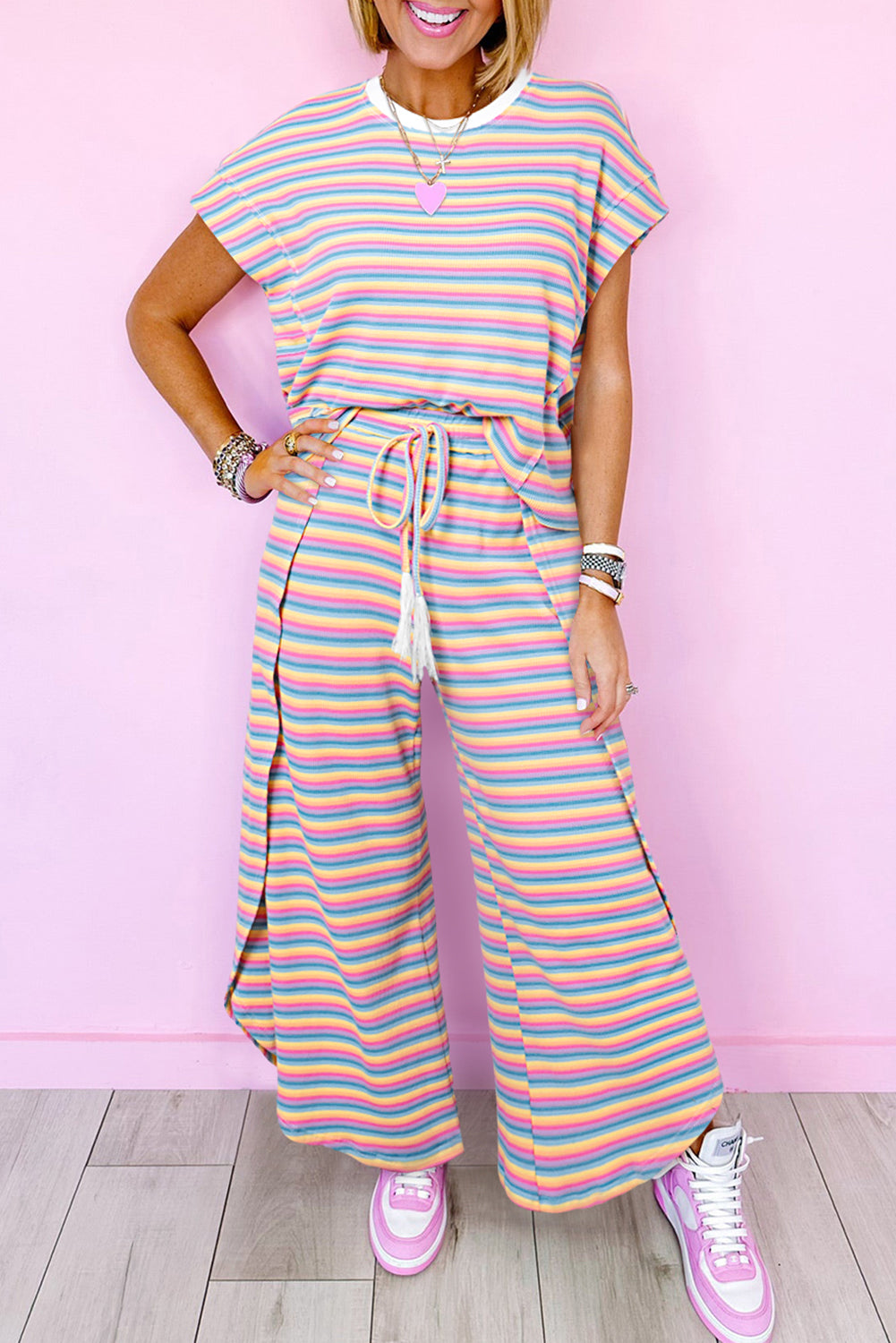 Pink Stripe Rainbow Tee Tasseled String Wide Leg Pants Set - Scarlett's Riverside Boutique 