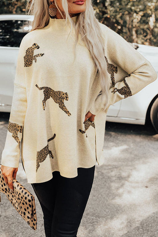Parchment Lively Cheetah Print High Neck Split Hem Sweater - Scarlett's Riverside Boutique 