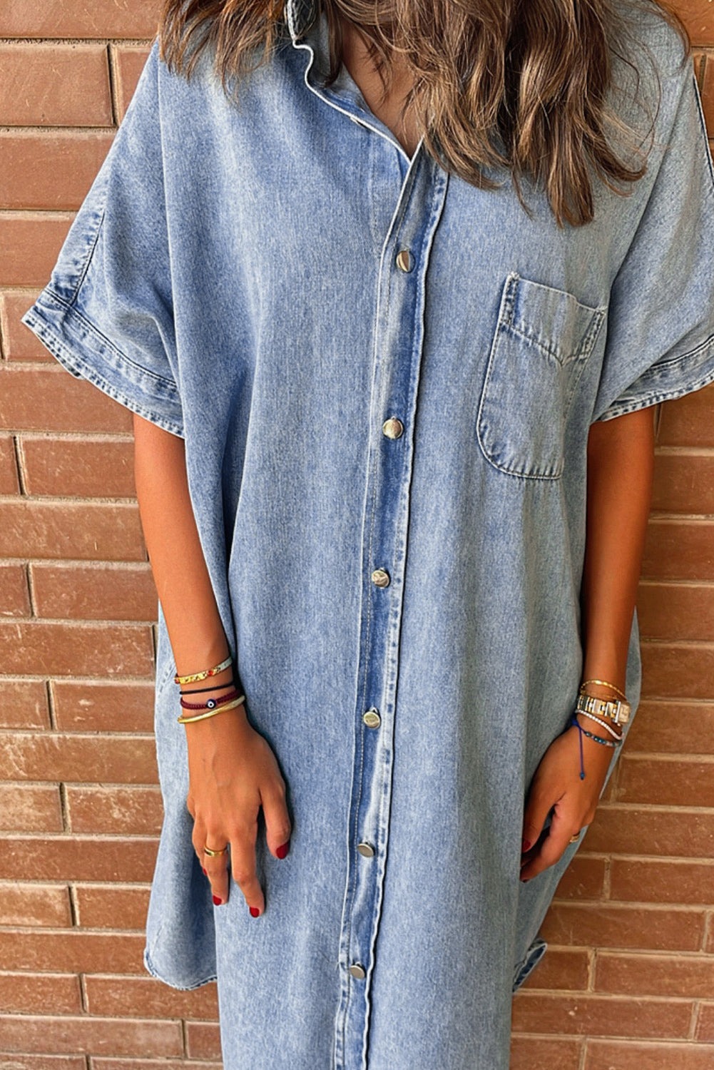 Light Blue Loose Medium Wash Short Sleeve Shirt Chambray Dress - Scarlett's Riverside Boutique 