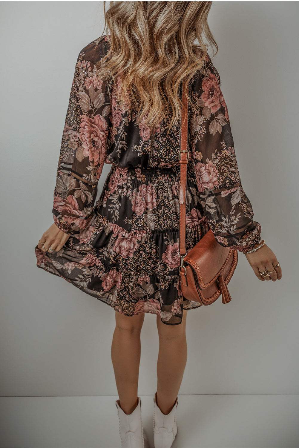 Black Vintage Floral Puff Sleeve V Neck Smock Waist Dress - Scarlett's Riverside Boutique 