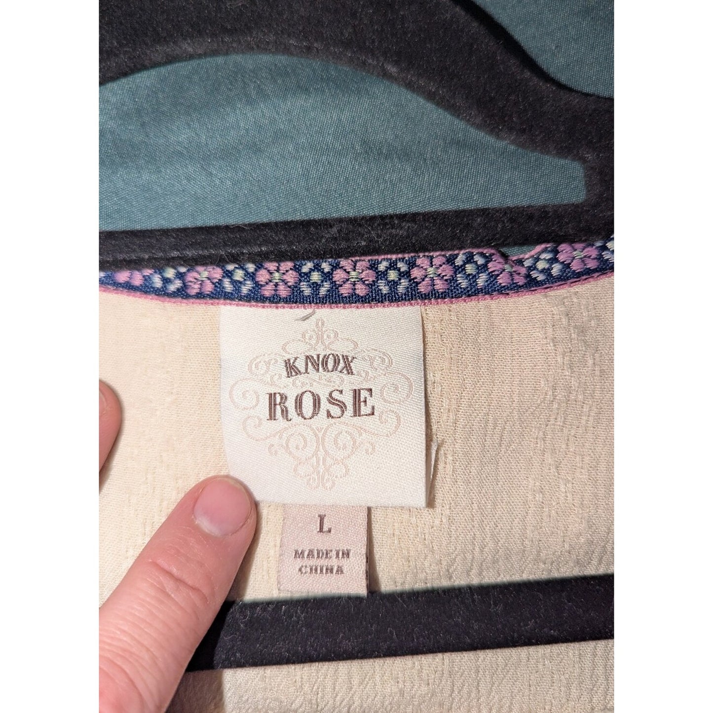 Knox Rose Womens L Cream Embroidered Boho Peasant Blouse Lace Trim Rayon