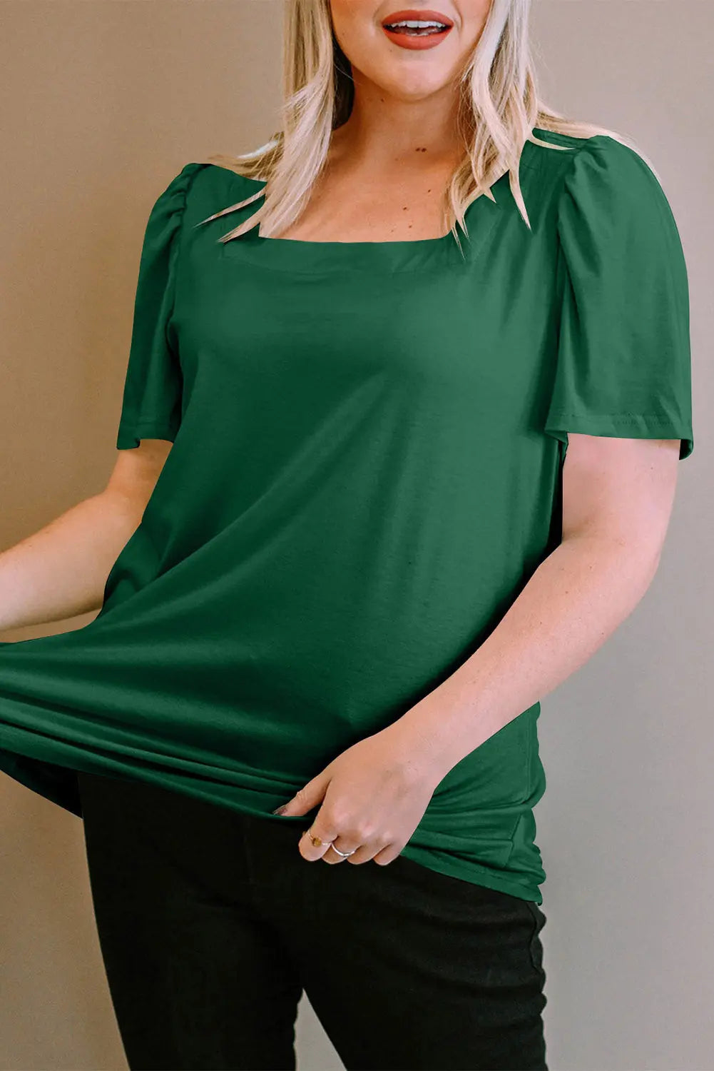 Green Plus Size Square Neck Ruched Shoulder Short Sleeve Top - Scarlett's Riverside Boutique 