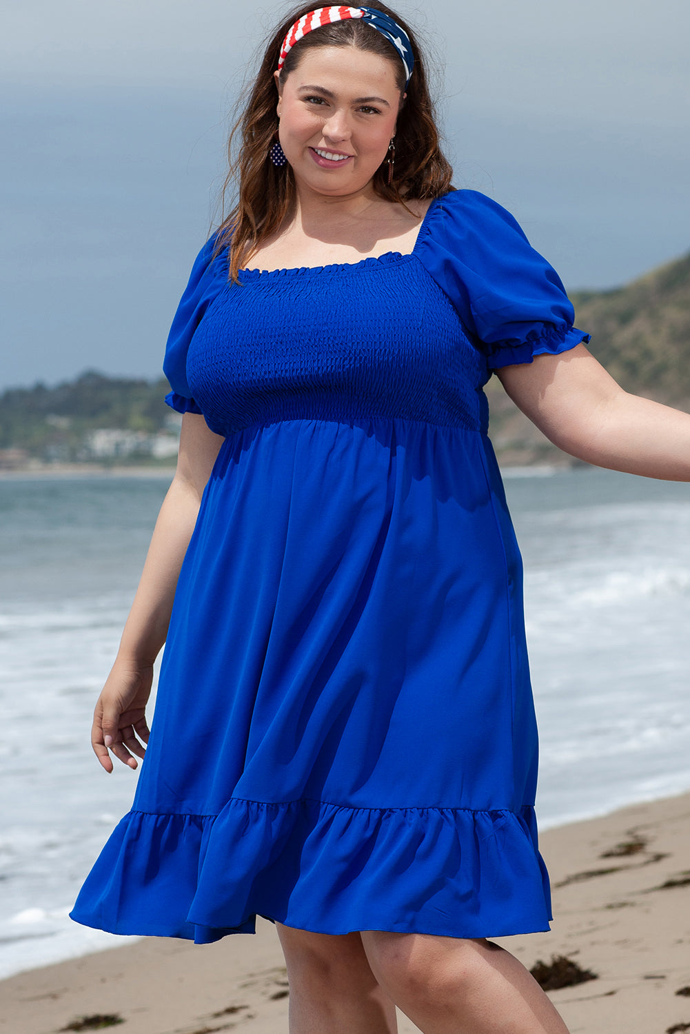 Dark Blue Shirred Ruffled Square Neck Plus Size Mini Dress - Scarlett's Riverside Boutique