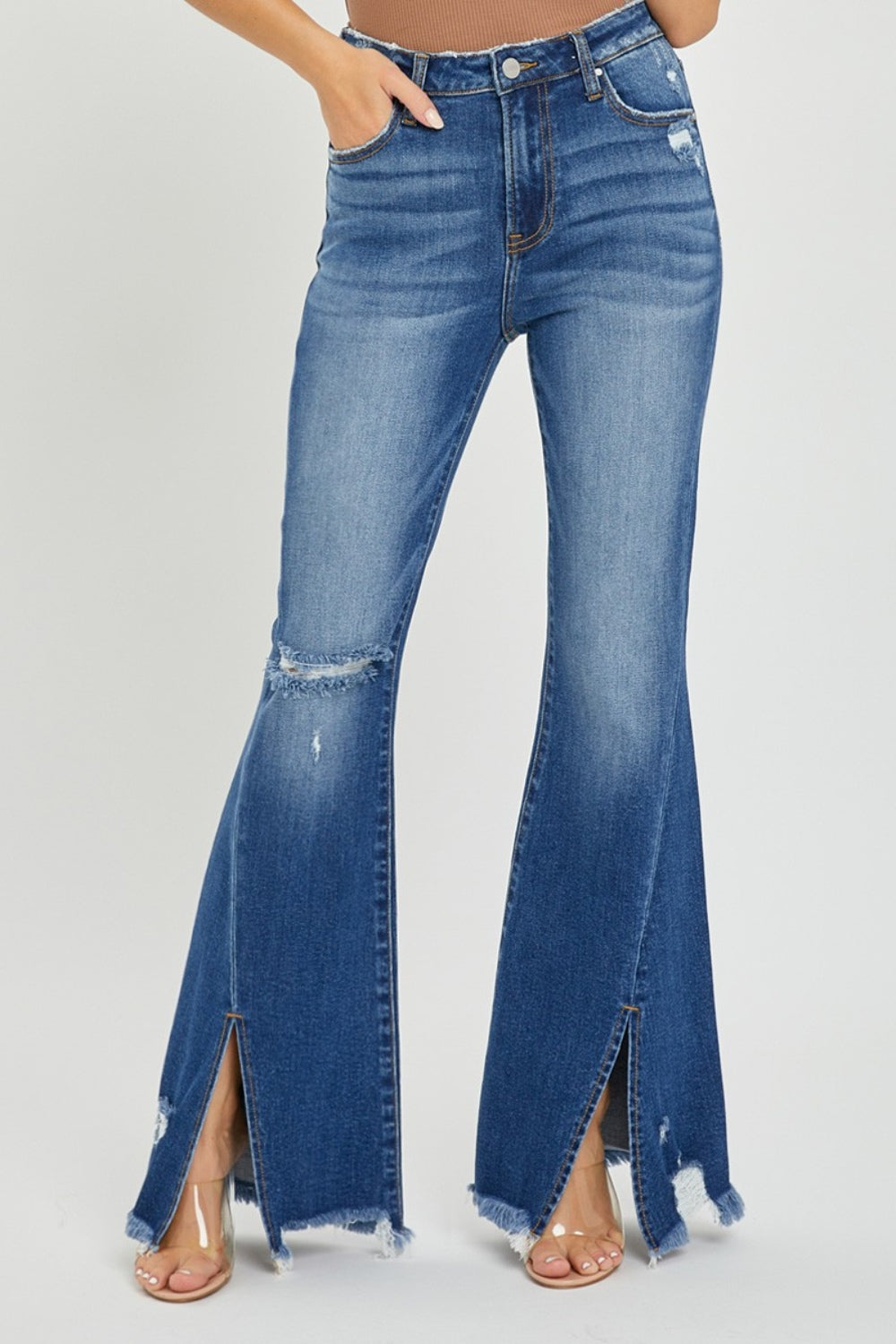 RISEN Full Size High Rise Front Slit Frayed Hem Flare Jeans - Scarlett's Riverside Boutique 