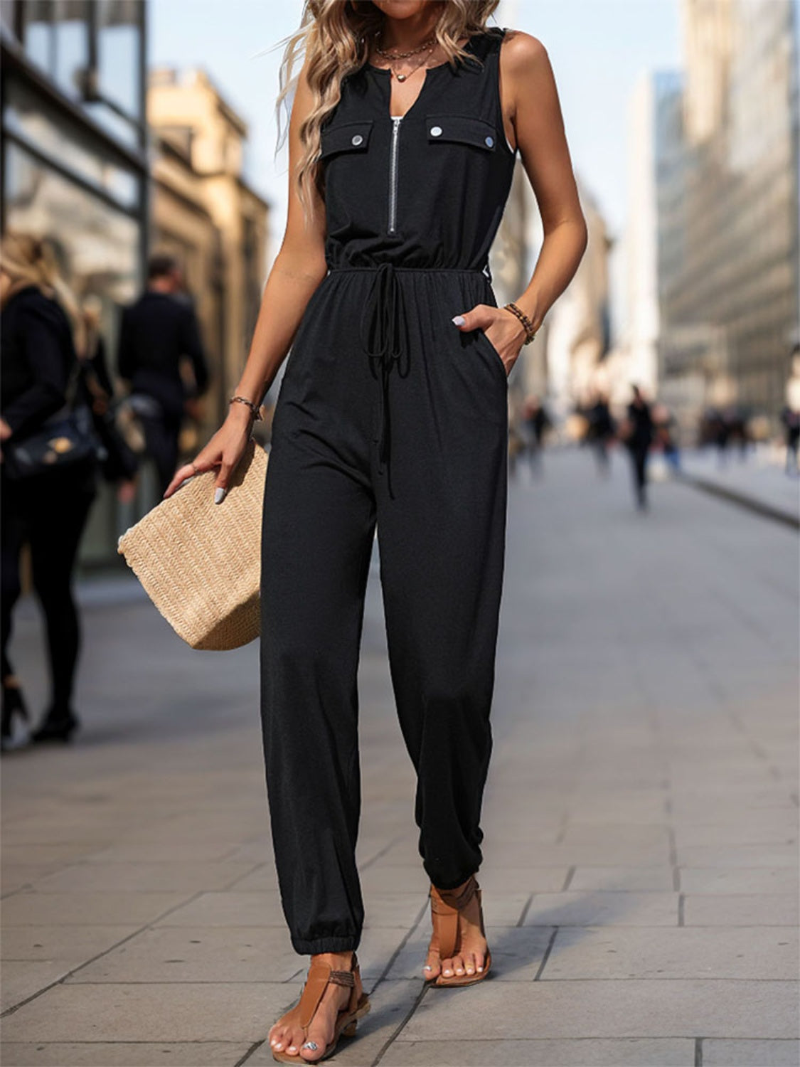 Half Zip Sleeveless Jumpsuit with Pockets - Scarlett's Riverside Boutique 