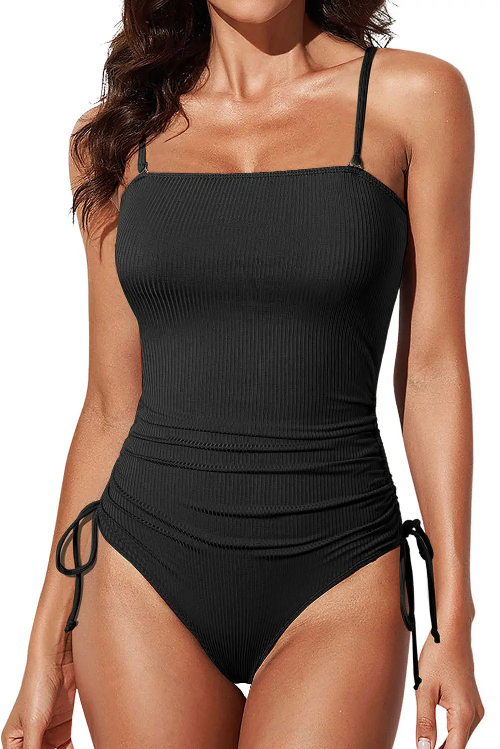 Black Ribbed Drawstring Sides Cutout One Piece Swimsuit - Scarlett's Riverside Boutique 