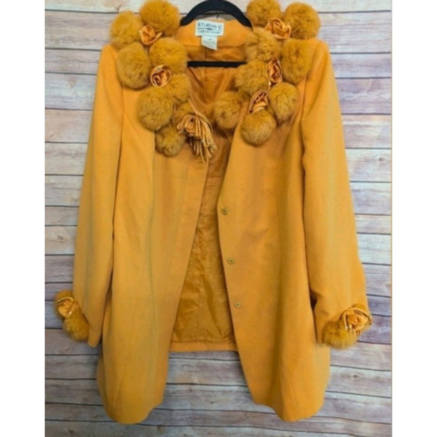Vintage 70's Statement Coat,Studio C Collection 24W Mustard Faux Fur Pom Pom
