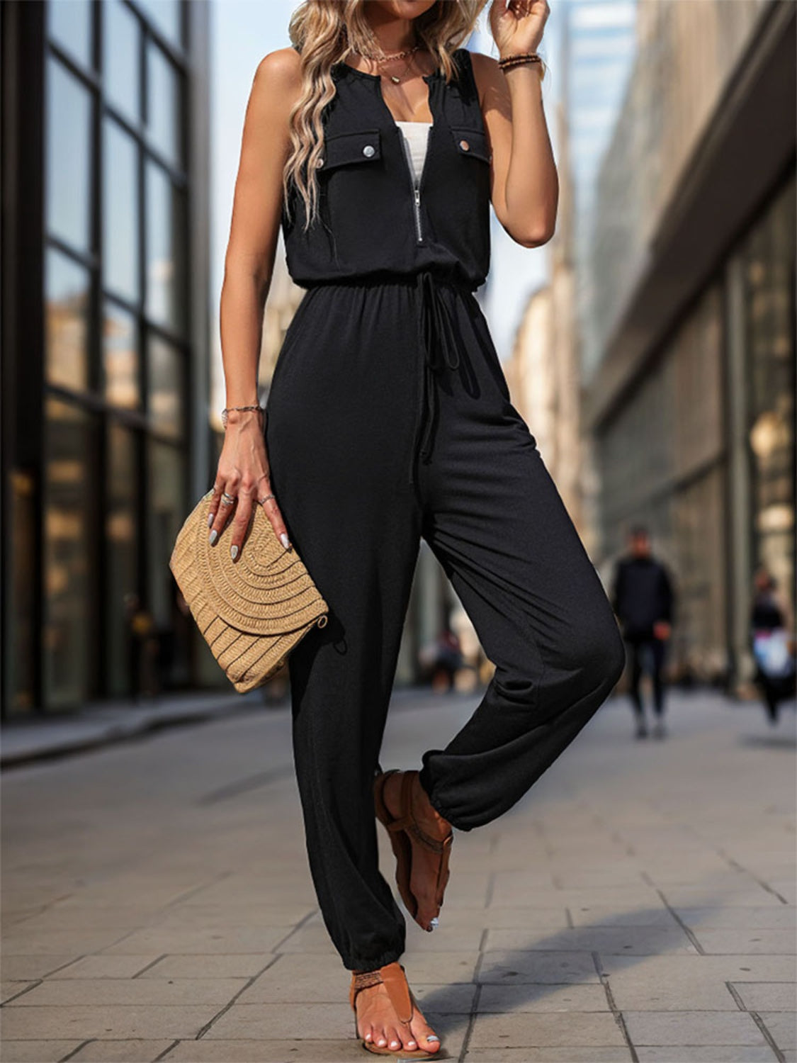 Half Zip Sleeveless Jumpsuit with Pockets - Scarlett's Riverside Boutique 