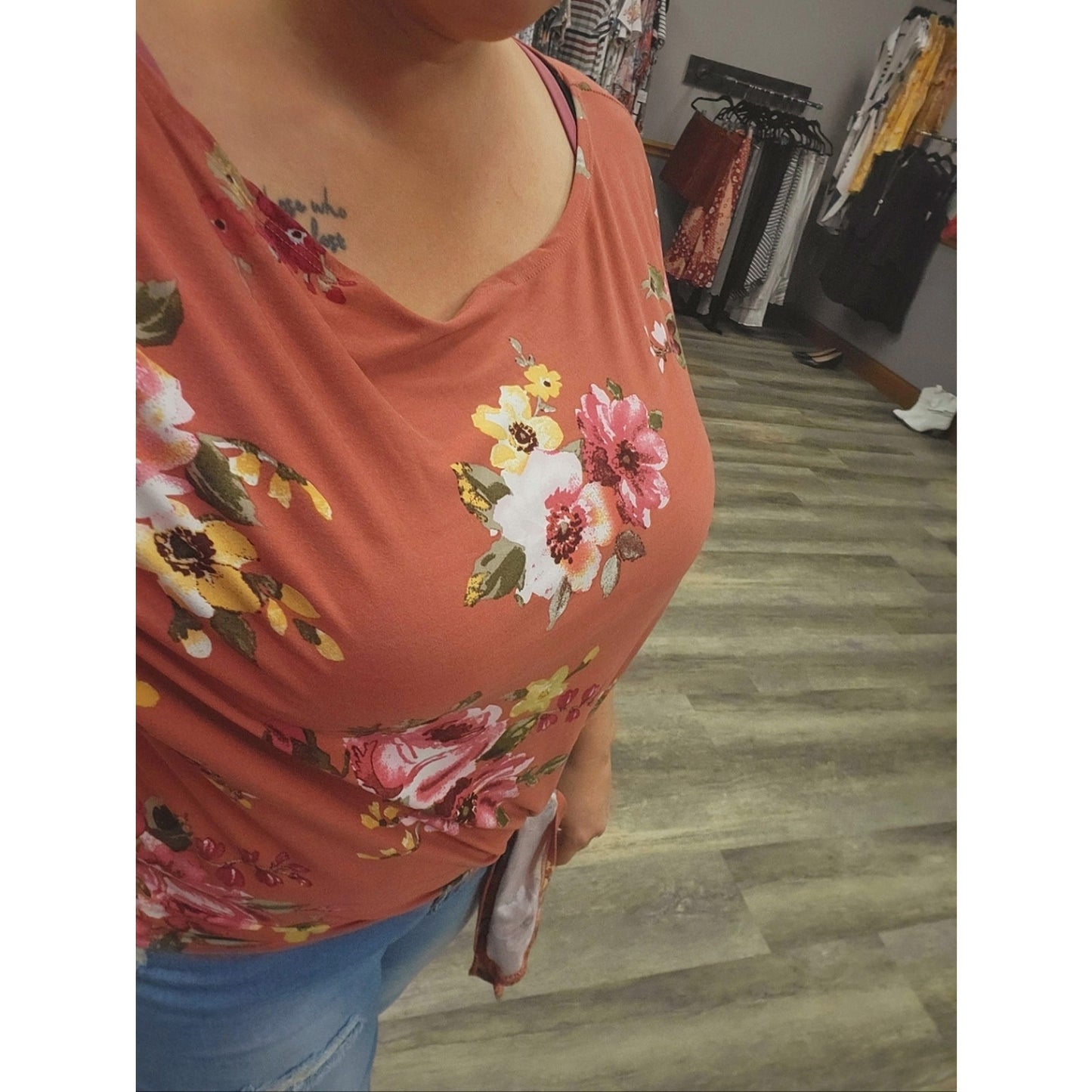 White Birch Women’s XL Floral Tie Front Top Rust Pink Boho 3/4 Sleeve Blouse