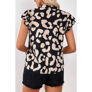 Black Leopard Ruffled Flutter Sleeve Split Neck Blouse Print Sexy Womenswear Animal Feminine Top Shirts Piece